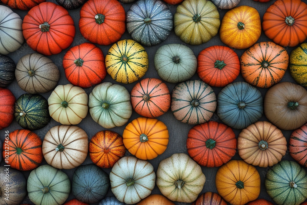Colorful pumpkins arranged in an artistic pattern, placed on the right side of the canvas Colorful pumpkins arranged in an artistic pattern, placed on the right side of the canvas