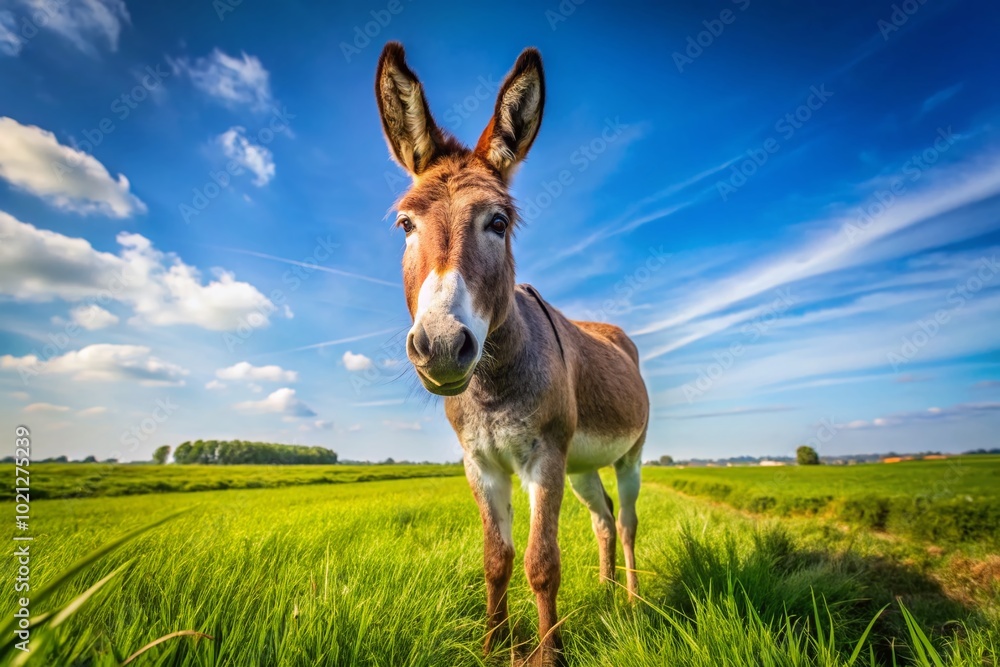 Charming donkey standing in a lush green field against a clear blue sky during sunny daytime Charming donkey standing in a lush green field against a clear blue sky during sunny daytime