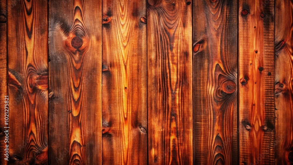 Obraz premium A close-up of rustic wooden planks with a rich, burnt orange hue, showcasing the natural grain patterns and knots