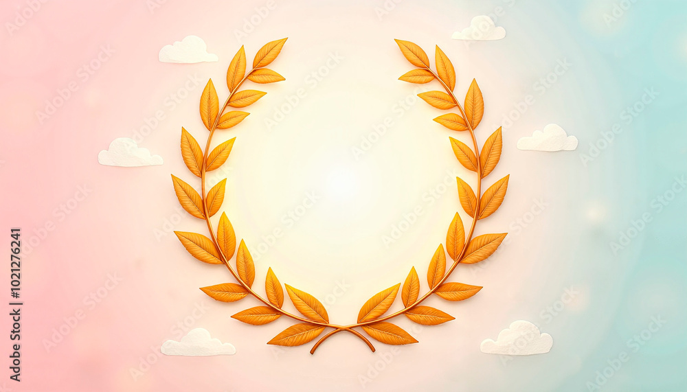 Elegant golden laurel wreath in 3D style on pastel gradient sky background with copy space Elegant golden laurel wreath in 3D style on pastel gradient sky background with copy space