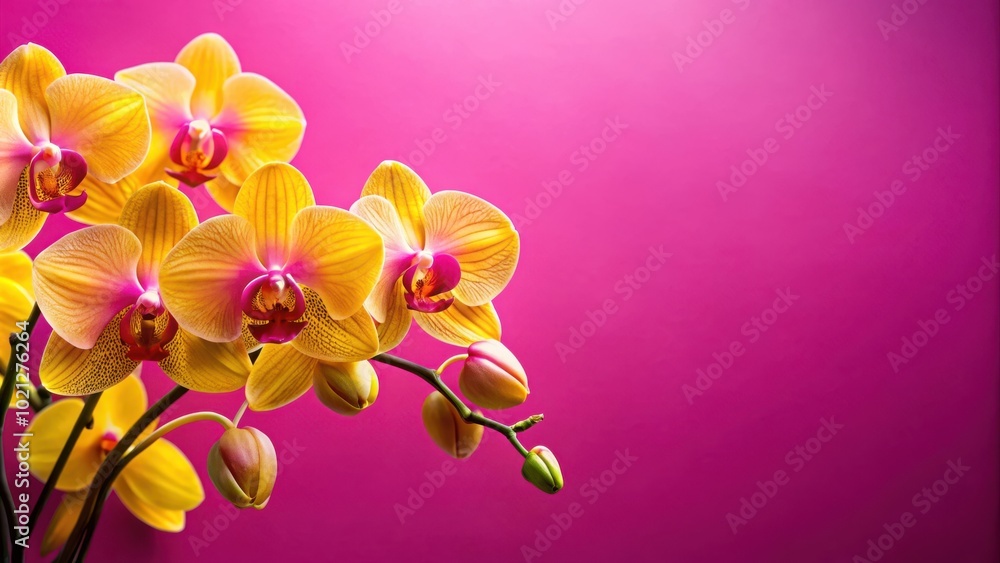 Fototapeta premium A cluster of yellow orchids with pink centers blossoms against a vibrant magenta backdrop, creating a captivating visual symphony.