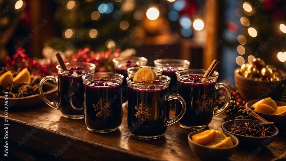 Christmas Mulled Wine with Spices and Orange Slices, Festive Holiday Atmosphere Christmas Mulled Wine with Spices and Orange Slices, Festive Holiday Atmosphere