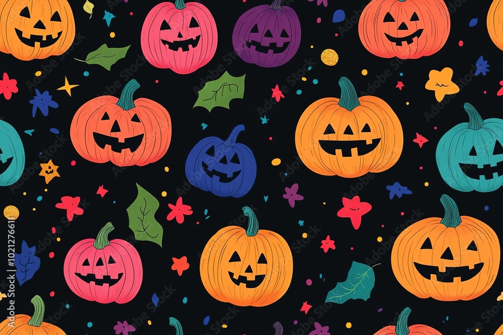 Colorful rainbow-themed Halloween pumpkin pattern on a black background, in a cartoon style, high-resolution vector. High quality Colorful rainbow-themed Halloween pumpkin pattern on a black background, in a cartoon style, high-resolution vector. High quality