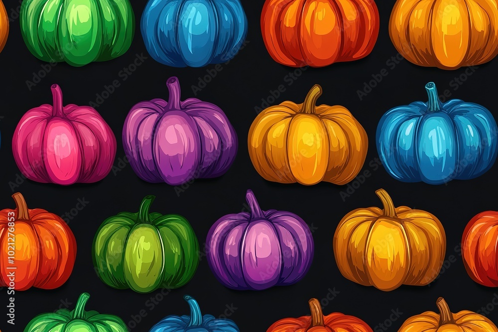 Colorful rainbow-themed Halloween pumpkin pattern on a black background, in a cartoon style, high-resolution vector. High quality Colorful rainbow-themed Halloween pumpkin pattern on a black background, in a cartoon style, high-resolution vector. High quality