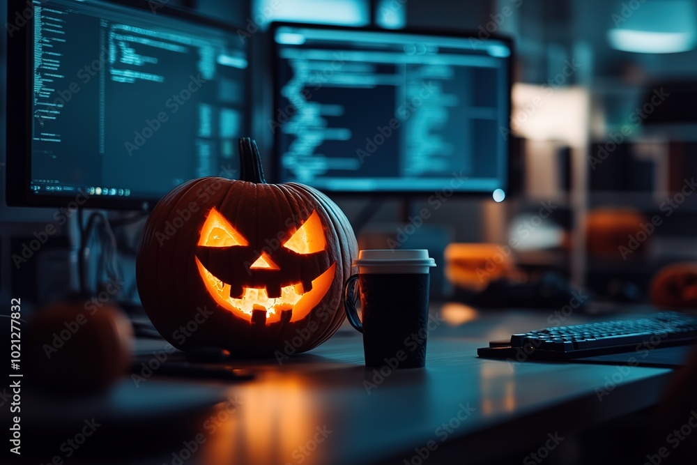 A photo of an office desk with computer monitors, a pumpkin-shaped ...