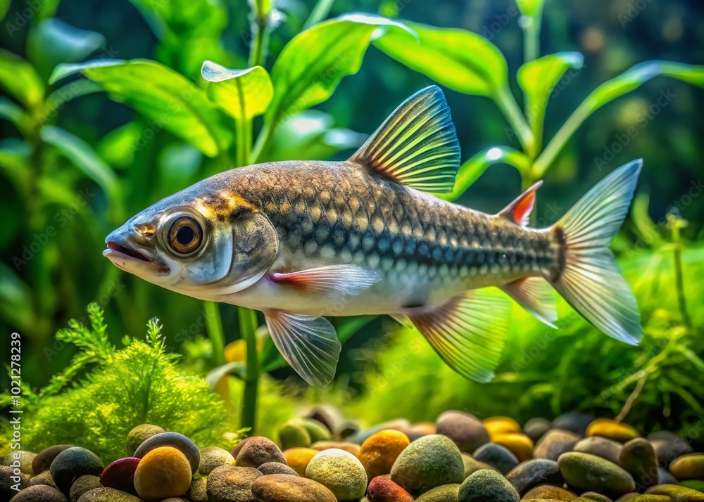 Fototapeta premium Clarias Fish Swimming Gracefully in Freshwater Habitat Surrounded by Lush Aquatic Vegetation