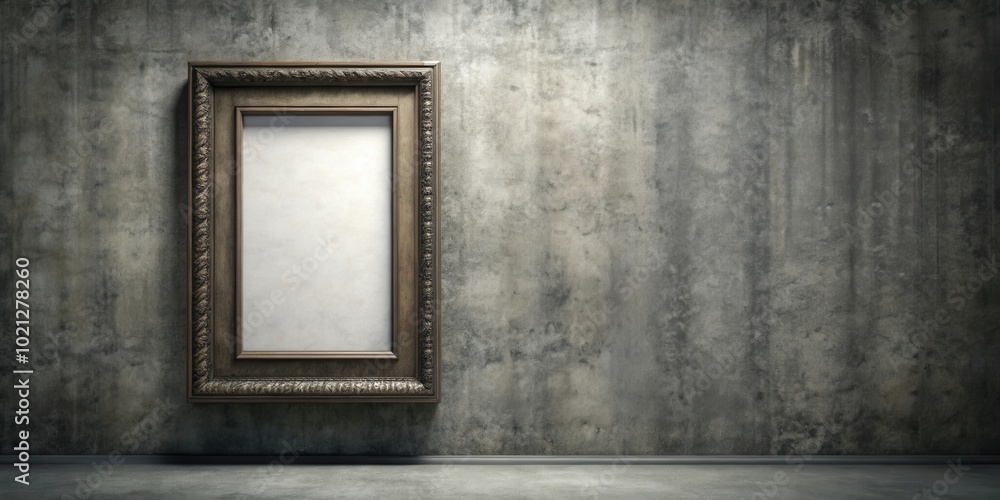 A solitary ornate wooden frame hangs on a weathered concrete wall, inviting imagination to fill its empty canvas. A solitary ornate wooden frame hangs on a weathered concrete wall, inviting imagination to fill its empty canvas.