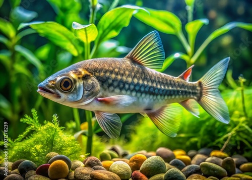 Clarias Fish Swimming Gracefully in Freshwater Habitat Surrounded by Lush Aquatic Vegetation photo