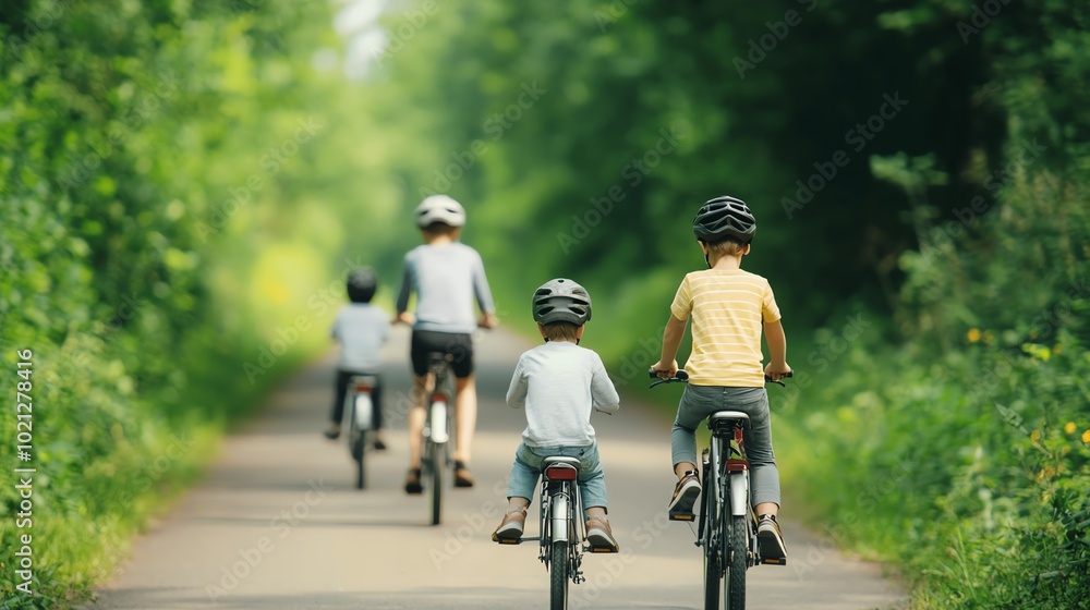 A family riding bicycles together down a treelined path on a beautiful Sunday, Sunday family ride, active weekend A family riding bicycles together down a treelined path on a beautiful Sunday, Sunday family ride, active weekend
