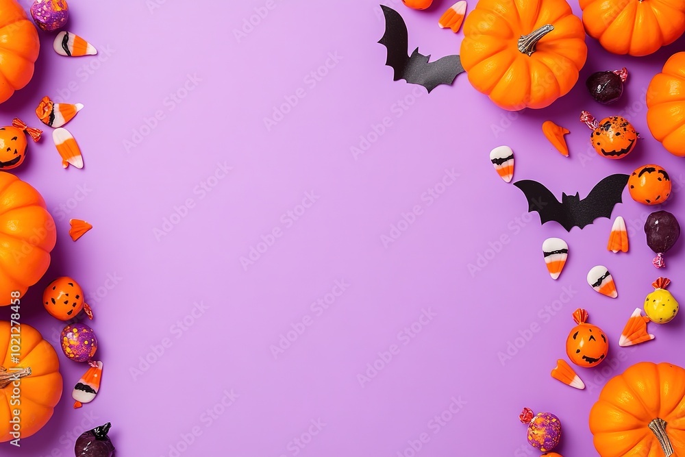 Fototapeta premium Halloween background with spooky pumpkins, candy, and bats on a purple background with copy space. Flat lay view of Halloween candy for Halloween party decoration design