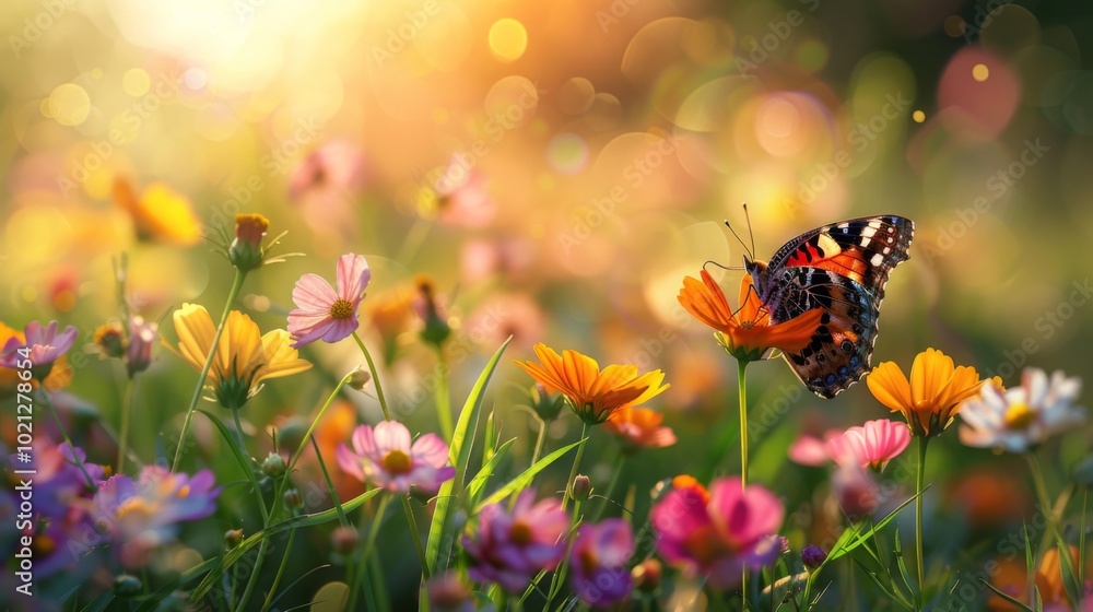 Butterfly on a Field of Colorful Flowers in Summer Sunlight Butterfly on a Field of Colorful Flowers in Summer Sunlight