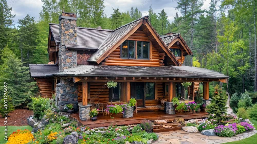 A large log cabin with a porch and a walkway leading to it A large log cabin with a porch and a walkway leading to it