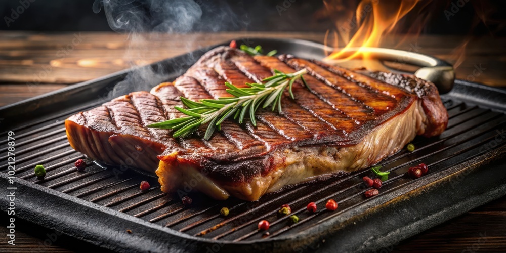 Juicy, perfectly grilled steak with rosemary and peppercorns on a hot cast iron pan, the savory aroma filling the air Juicy, perfectly grilled steak with rosemary and peppercorns on a hot cast iron pan, the savory aroma filling the air