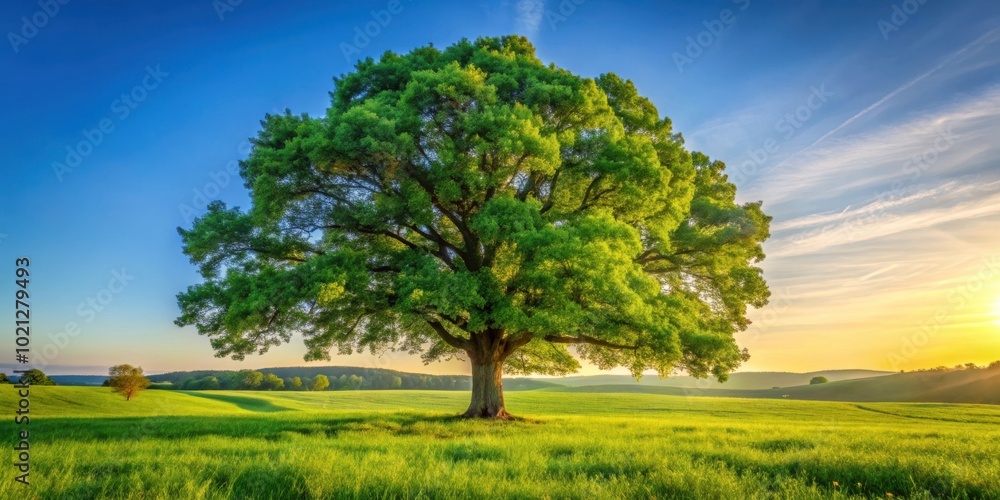 A majestic solitary tree stands tall in a lush green field, bathed in the warm glow of a golden sunset, creating a serene and captivating landscape. A majestic solitary tree stands tall in a lush green field, bathed in the warm glow of a golden sunset, creating a serene and captivating landscape.