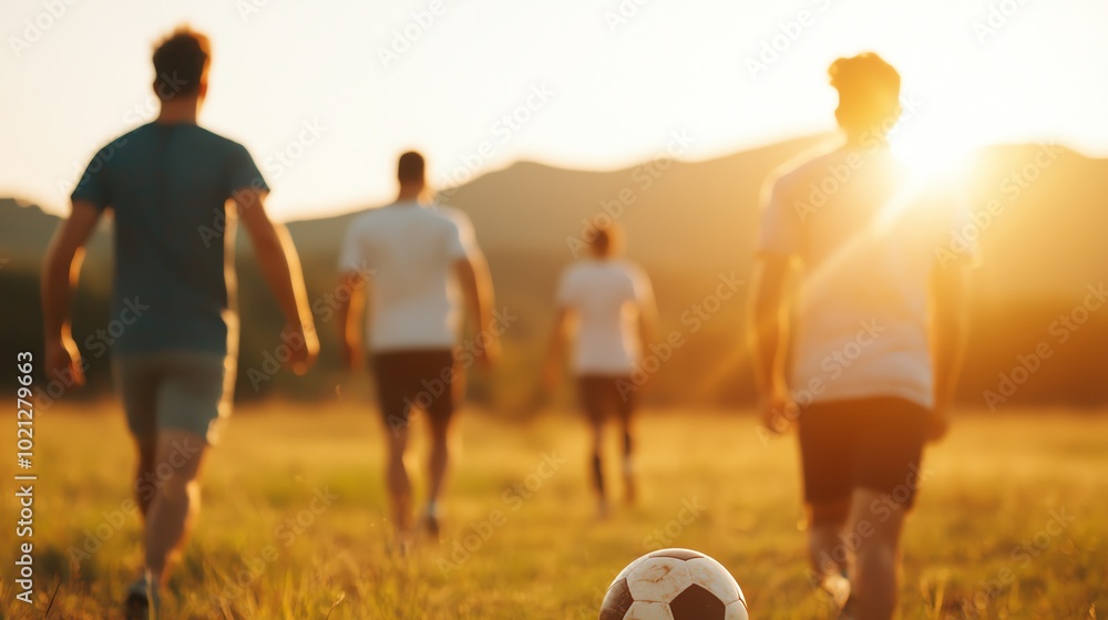 Friends playing football in a field, laughing and enjoying a sunny Sunday, Sunday sports, weekend fun Friends playing football in a field, laughing and enjoying a sunny Sunday, Sunday sports, weekend fun