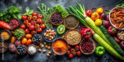 A Colorful and Diverse Array of Fresh Fruits, Vegetables, Herbs, and Spices Arranged in a Decorative Composition on a Dark Background