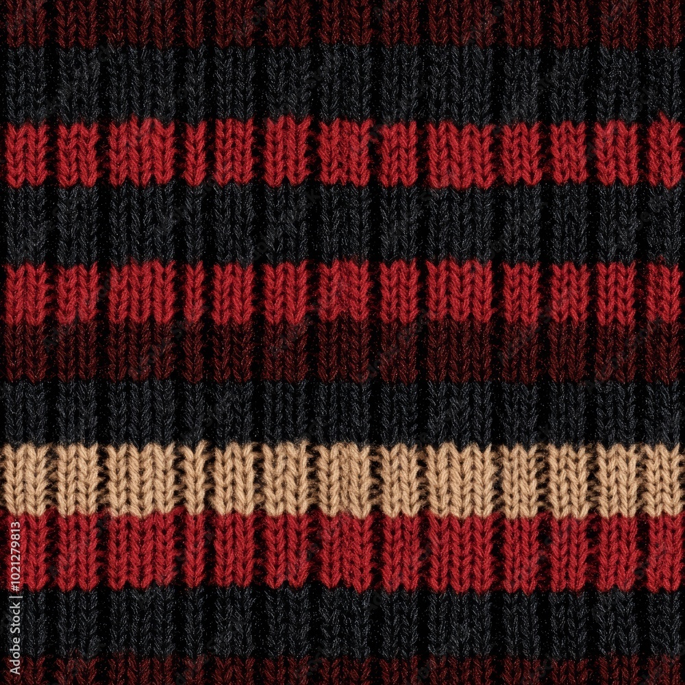 Close-up of a striped knitted fabric in red, black, and beige tones. Close-up of a striped knitted fabric in red, black, and beige tones.