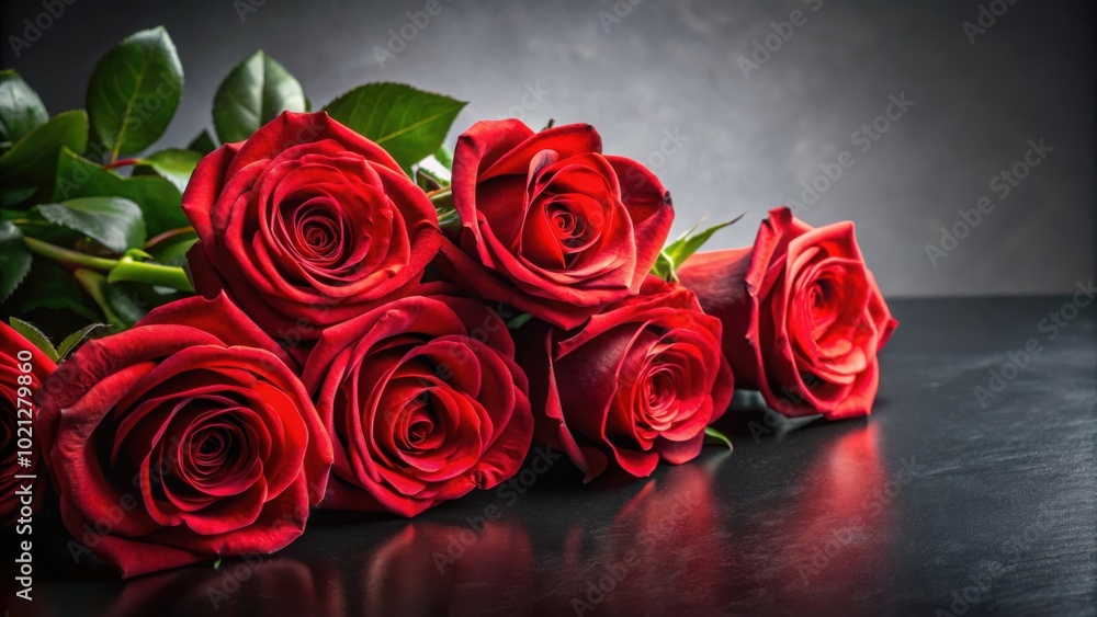 A bouquet of velvety red roses arranged in a row on a dark surface, showcasing their delicate beauty and romantic charm. A bouquet of velvety red roses arranged in a row on a dark surface, showcasing their delicate beauty and romantic charm.