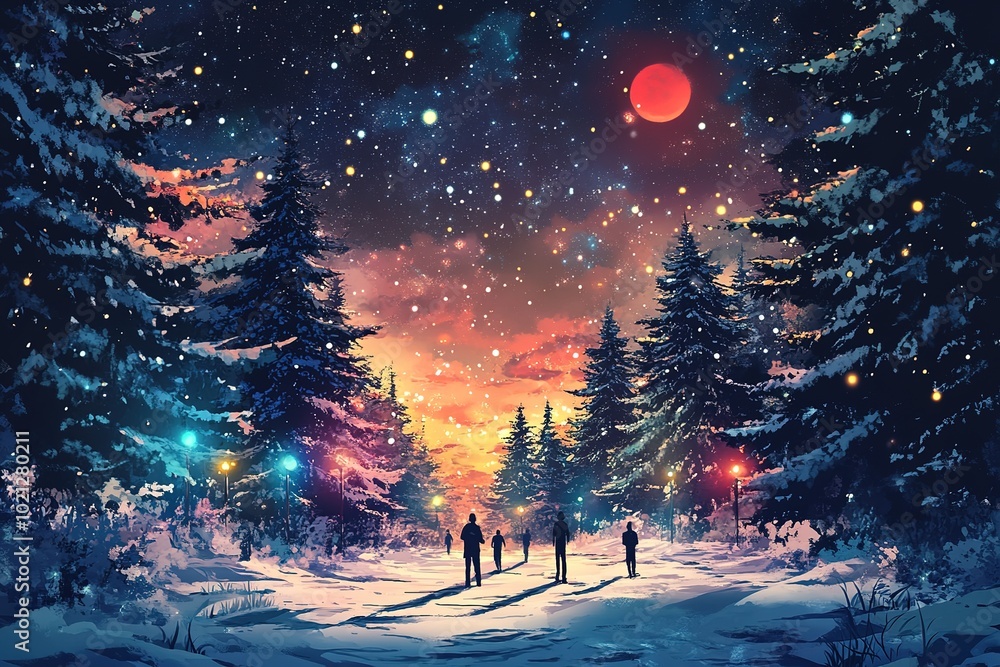 Starry sky, a red moon in the upper right corner of the picture, a snow-covered forest with pine trees on both sides, colorful lights shining from behind them