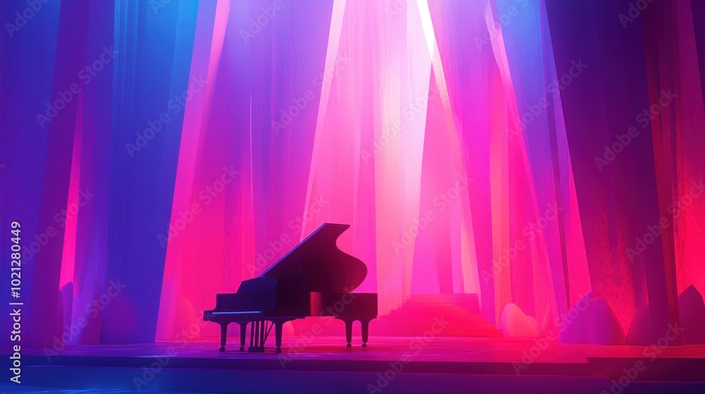 Conceptual design of a modern concert hall interior featuring a grand piano, sleek architecture, and abstract lighting for a creative musical experience Conceptual design of a modern concert hall interior featuring a grand piano, sleek architecture, and abstract lighting for a creative musical experience