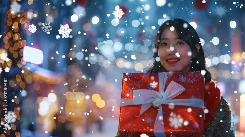 A woman is holding a red box with a white bow on it A woman is holding a red box with a white bow on it