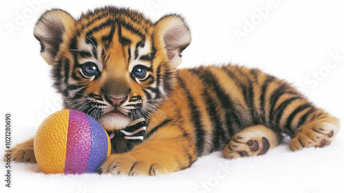 playful tiger cub with striped bowtie is enjoying colorful ball