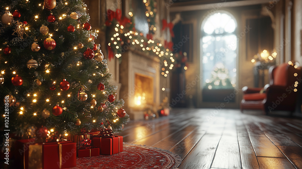 Cozy Christmas Tree with Red and Gold Ornaments in a Warmly Lit Living Room Cozy Christmas Tree with Red and Gold Ornaments in a Warmly Lit Living Room