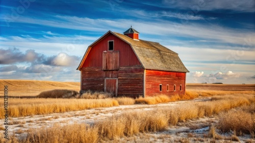 A weathered red barn stands tall against a backdrop of golden fields and a dramatic sky, showcasing the beauty of rural landscapes.