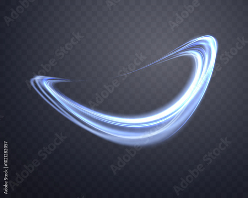 Glowing blue magic rings. Dynamic orbital flare halo ring. Neon realistic energy swoosh swirl. Abstract light effect on a dark transparent background. Vector illustration.