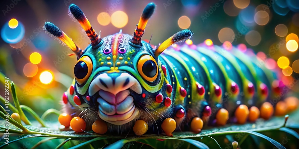 Close-up of a Colorful Caterpillar Face with Detailed Texture and Striking Patterns on Its Body Close-up of a Colorful Caterpillar Face with Detailed Texture and Striking Patterns on Its Body
