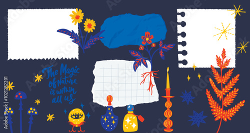 Magical scrapbook page, vision board template decorated with herbs, poisons and mushrooms, memo notes and black torn pages