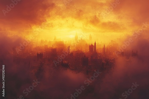 A City Skyline Disappears into the Fog and Golden Sunset