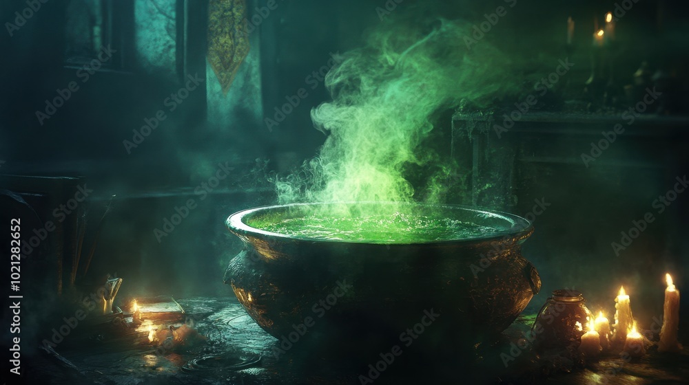 Detailed witchs cauldron bubbling with green smoke, surrounded by magical elements and candles in a dark, spooky setting. Detailed witchs cauldron bubbling with green smoke, surrounded by magical elements and candles in a dark, spooky setting.