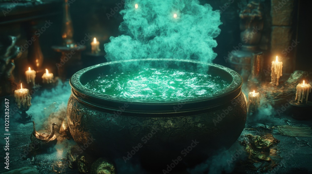 Detailed witchs cauldron bubbling with green smoke, surrounded by magical elements and candles in a dark, spooky setting. Detailed witchs cauldron bubbling with green smoke, surrounded by magical elements and candles in a dark, spooky setting.