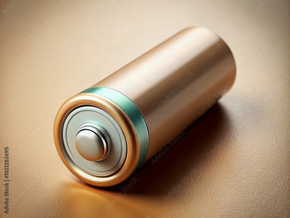 Close-up of a fresh battery with a sleek design on a neutral background for electronics concepts Close-up of a fresh battery with a sleek design on a neutral background for electronics concepts