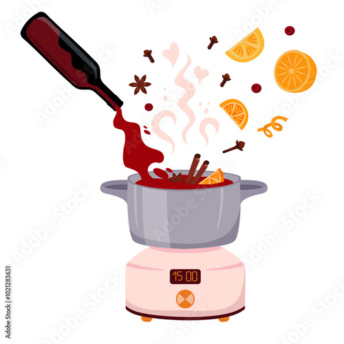 Ingredients for making mulled wine. Orange, red wine, star anise, cinnamon, cloves. Pan on an electric stove. Hot winter drink. Vector illustration on white background.