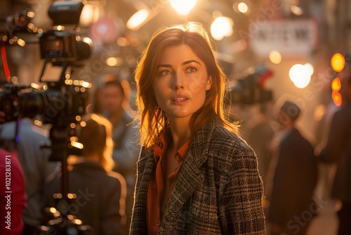 Smiling female film producer captured on a film set