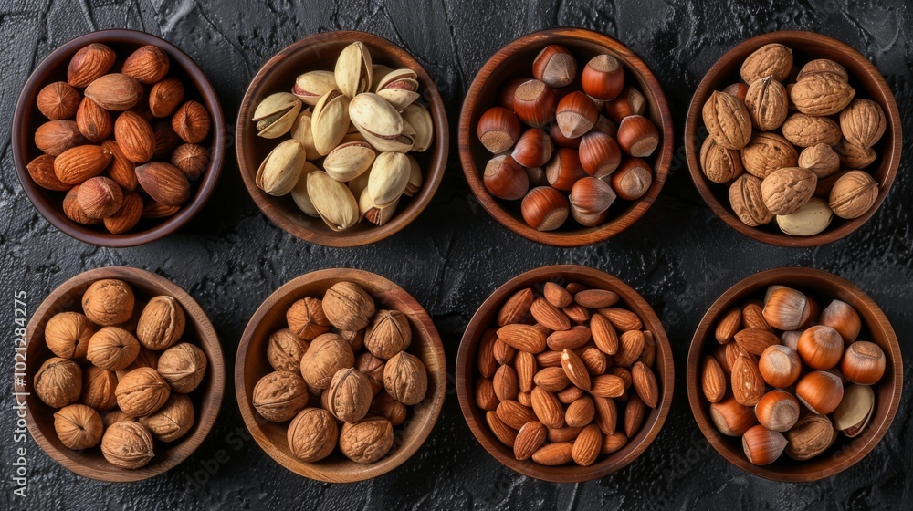 Assortment of Nuts in Wooden Bowls - Healthy Snack Food Assortment of Nuts in Wooden Bowls - Healthy Snack Food