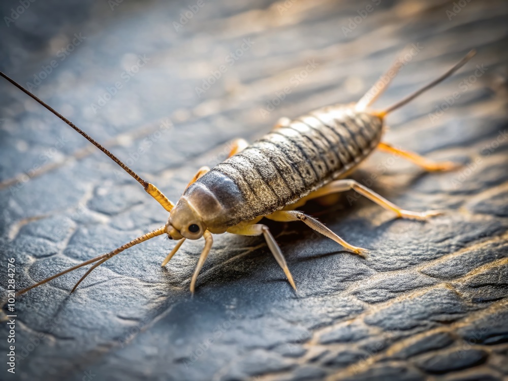 Close-up of a silverfish insect on a textured surface showcasing its distinctive elongated body Close-up of a silverfish insect on a textured surface showcasing its distinctive elongated body