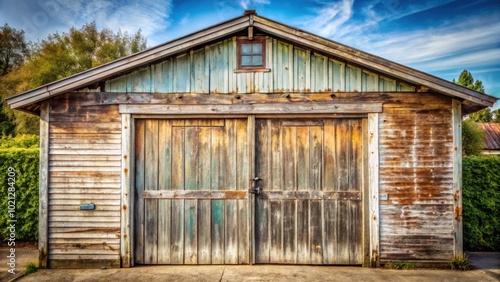 A weathered wooden shed with a double door garage door, featuring a small window above the doors and a partially visible roofline against a blue sky.