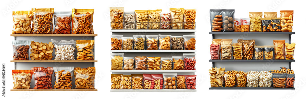 Colorful Variety of Snacks on Display Shelves Isolated on Transparent Background Colorful Variety of Snacks on Display Shelves Isolated on Transparent Background