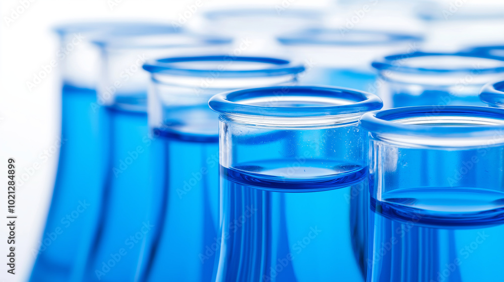 Close-up of beakers filled with bright blue liquid. Close-up of beakers filled with bright blue liquid.