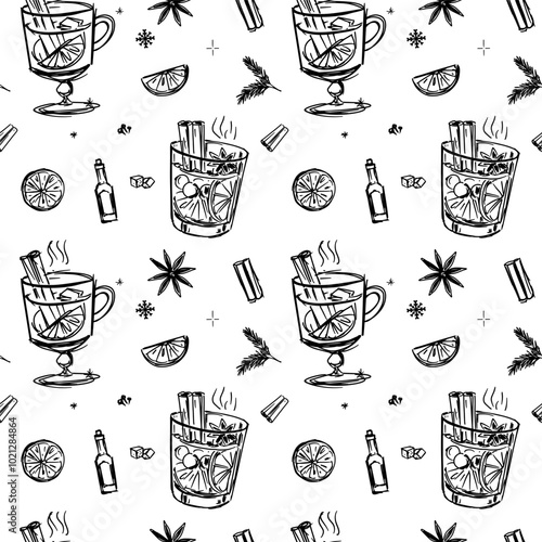 Mulled wine in a glass, seamless pattern, hot winter drink, winter background, sketch illustration, vector