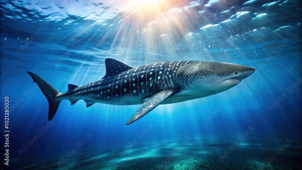 Naklejka premium A Whale Shark Swims Through the Ocean Sunlight, Spotted with White Dots, Silhouetted Against the Blue Water