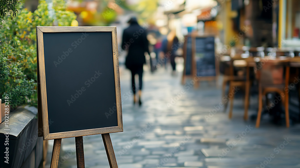 Eye-catching Menu Stand Positioned in Front of Vibrant Restaurant