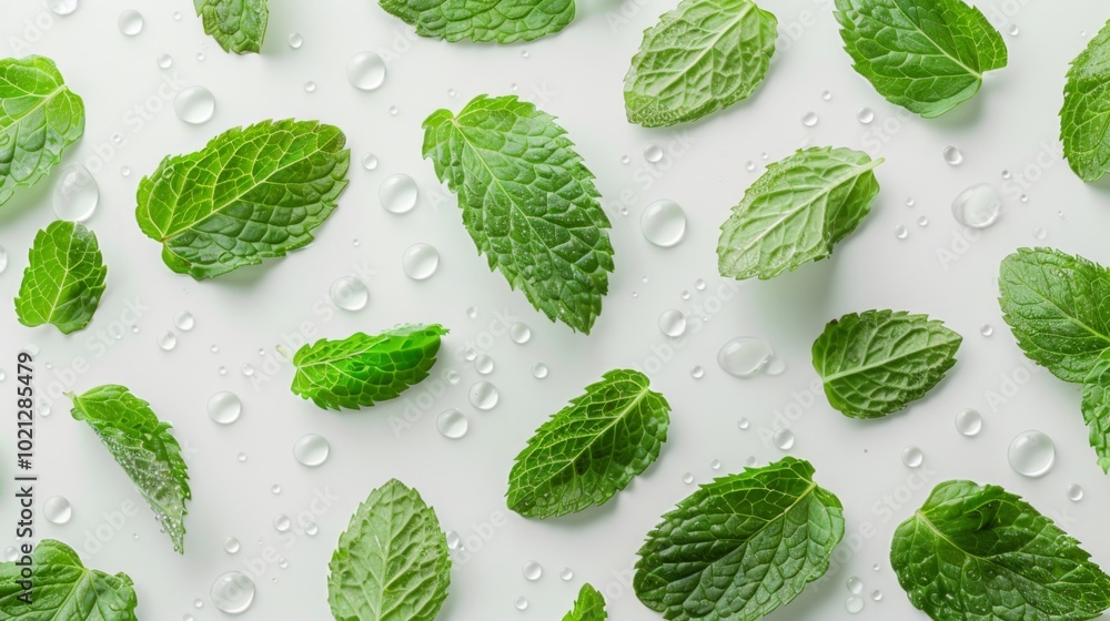 Fresh Mint Leaves with Water Drops - Natural Background Fresh Mint Leaves with Water Drops - Natural Background