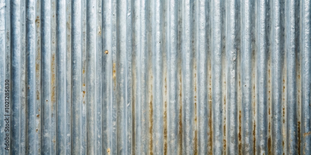 A close-up of weathered corrugated metal with visible rust streaks and a faded silver sheen A close-up of weathered corrugated metal with visible rust streaks and a faded silver sheen