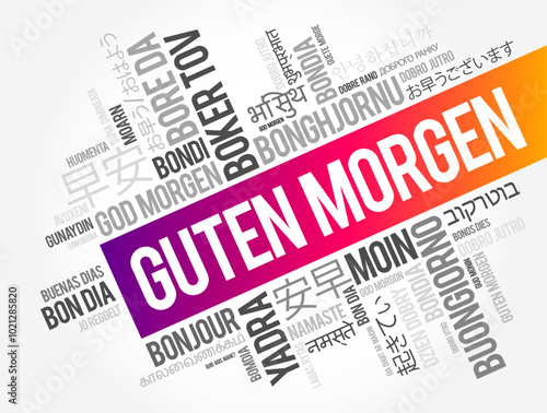 Guten Morgen (Good Morning in German) word cloud in different languages, conceptual background