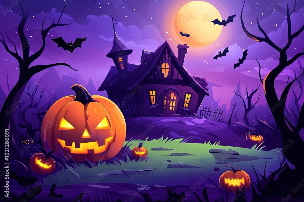 Fototapeta premium Halloween night background with a haunted house, pumpkins, and a full moon. Cartoon illustration of a Halloween-themed color style