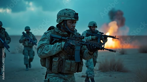 Soldiers in Combat Gear with Rifles Amidst an Explosion